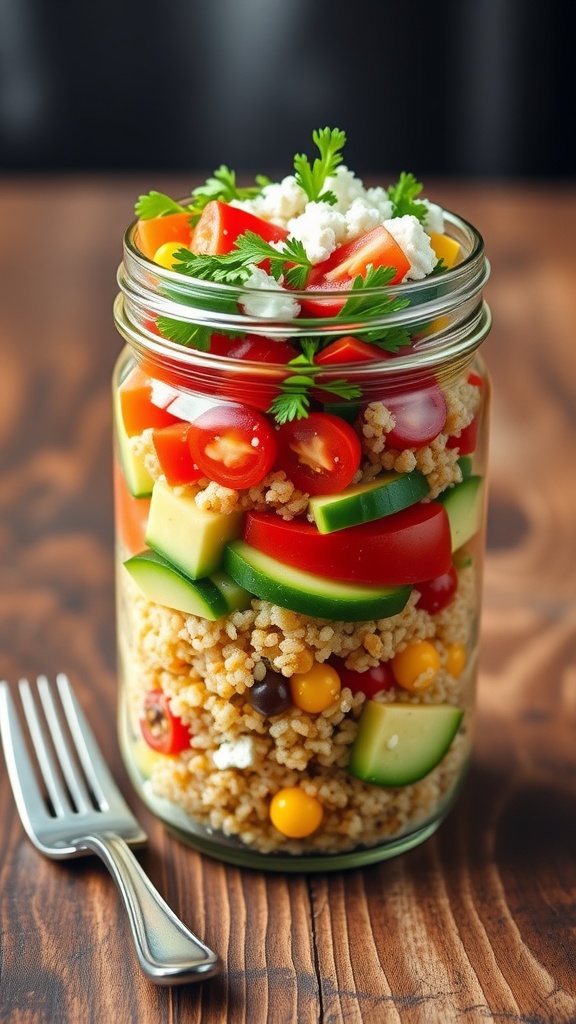 A colorful quinoa salad jar filled with tomatoes, cucumber, bell pepper, avocado, and topped with parsley and feta on a wooden table.